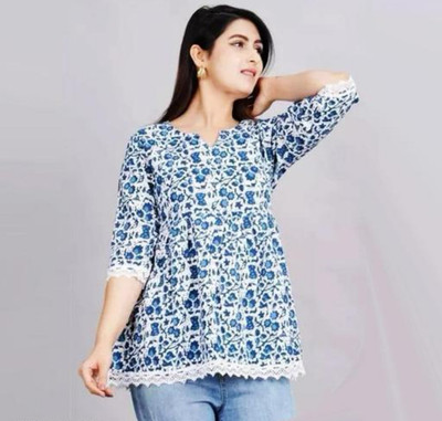NEW4U Women Geometric Print Flared Kurta(Blue)