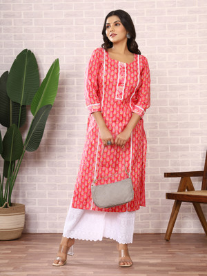 Safoora Creation Women Printed Straight Kurta(Pink, Beige)