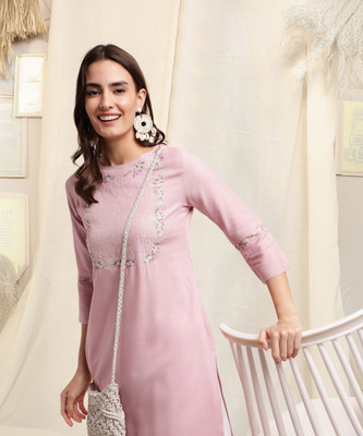 MIRCHI FASHION Women Embroidered Straight Kurta(Pink)