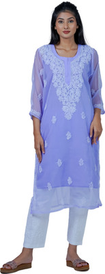 Tabarruk Women Chikan Embroidery Straight Kurta(Blue)