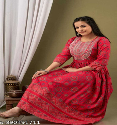 sarsvati traders Women Printed, Floral Print, Embroidered Anarkali Kurta(Red)