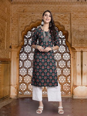 EthnicBasket Women Printed Straight Kurta(Green)