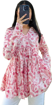 Dhanvins Women Printed A-line Kurta(Pink, White)
