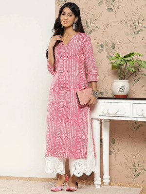 Ambrosia retail Women Striped Straight Kurta(Pink)