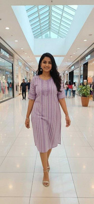 sofiacollection Women Striped, Embroidered Straight Kurta(Purple)