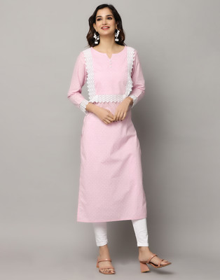 ANAVARANA Women Floral Print Straight Kurta(Pink, White)