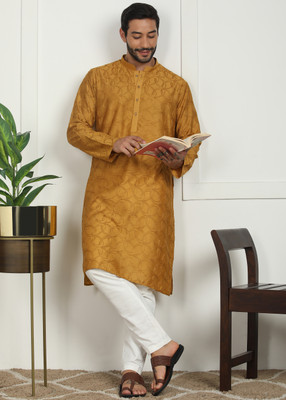 SWAGG INDIA Men Self Design Straight Kurta(Yellow)