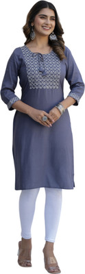 MF HAYAT Women Embroidered Straight Kurta(Grey, White)