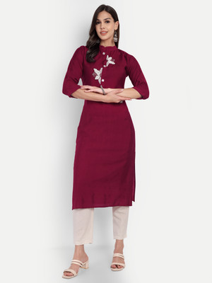 4U Fashion Women Solid Straight Kurta(Maroon)
