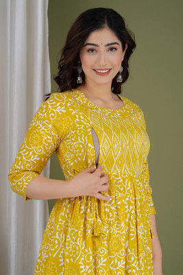 Fashion4Word Women Printed Anarkali Kurta(Yellow)