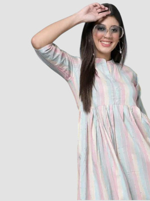 Houseofcommonv Women Striped A-line Kurta(White)
