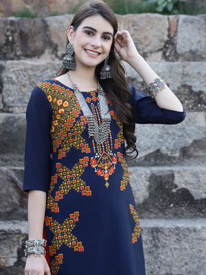 1 Stop Fashion Women Printed Straight Kurta(Blue)