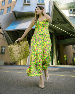 LIAPARO Women Fit and Flare Yellow Midi/Calf Length Dress