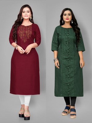 Fabriza Women Embroidered A-line Kurta(Maroon, Green)