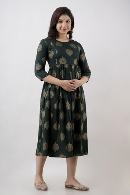 Nomura Women Printed Anarkali Kurta(Dark Green, Gold)