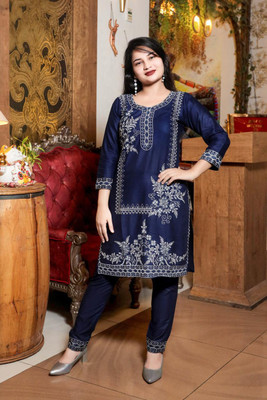 KHUSHI FARAZ Women Embroidered Pakistani Kurta(Dark Blue)