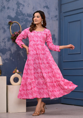 Krishna Enterprises Women Printed, Floral Print, Abstract, Embellished Anarkali Kurta(Pink)