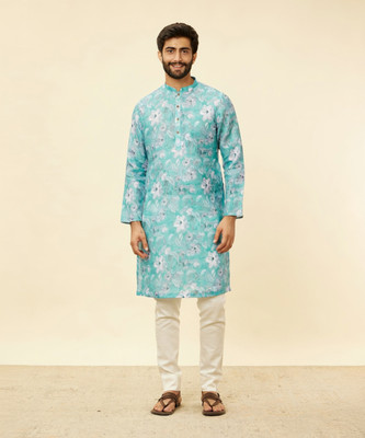 MANYAVAR Men Printed Straight Kurta(Blue)