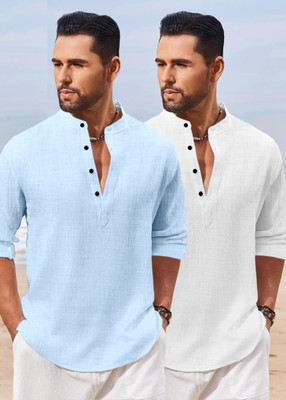 HEMADHAV Men Solid Straight Kurta(Blue, White)