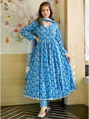 TATSOI Women Block Print Anarkali Kurta(Blue)