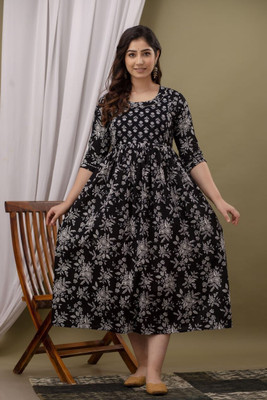AARK Women Floral Print Gown Kurta(Black)