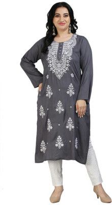 Nazaqat Women Chikan Embroidery Ethnic Dress Kurta(Grey)