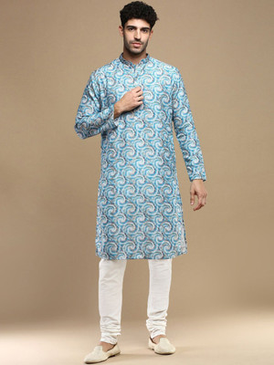 ANOUK Men Abstract Straight Kurta(Blue)