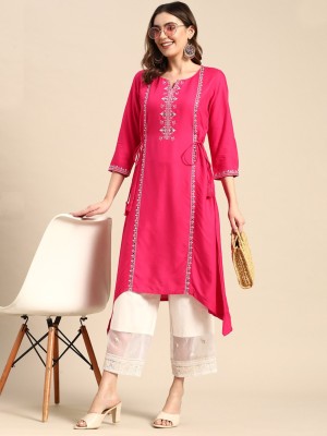 OMJAY FASHIONS Women Embroidered, Solid Straight Kurta(Pink)