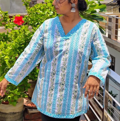 HouseOfCommon Women Self Design A-line Kurta(Blue, White)