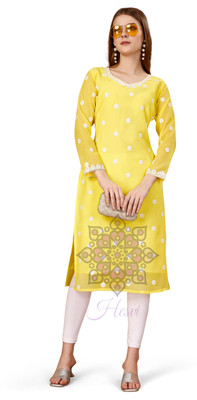 HESVI Women Embroidered A-line Kurta(Yellow)