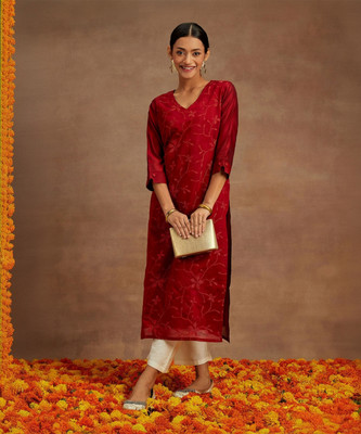 LIBAS Women Embroidered Straight Kurta(Red)