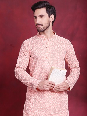 Jompers Men Embroidered Straight Kurta(Orange, White)