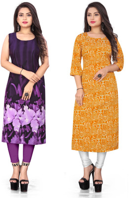 tanvi creation Women Printed Straight Kurta(Purple, Yellow)