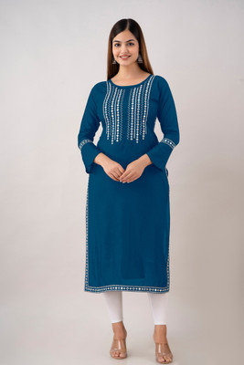 Udati Kaliya Women Embroidered Straight Kurta(Blue)