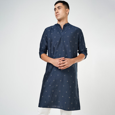 Indus Route by Pantaloons Men Printed Straight Kurta(Blue)