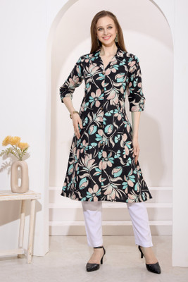 Keshubaba Women Printed Straight Kurta(Black)