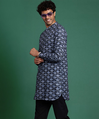 Sangria Men Printed Straight Kurta(Blue)