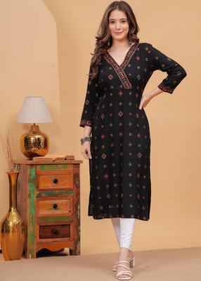 Dk Fab Women Printed Straight Kurta(Black)