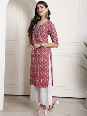 EthnicBasket Women Printed Straight Kurta(Pink)