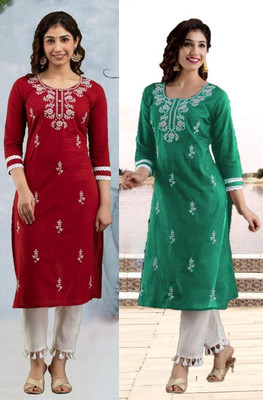 vikshi Women Chikan Embroidery Straight Kurta(Multicolor)