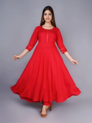 Hardikaa Women Solid Anarkali Kurta(Red)