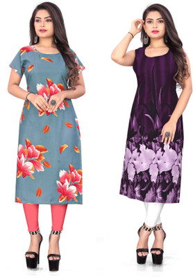 tanvi creation Women Floral Print Straight Kurta(Grey, Purple)