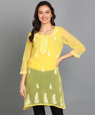 VAHSON Women Chikan Embroidery, Embroidered A-line Kurta(Yellow, White)