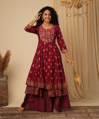 Globus Women Embroidered Anarkali Kurta(Maroon)