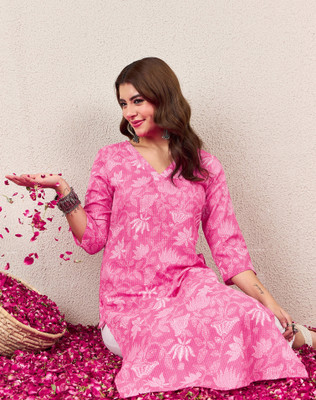 Skylee Women Printed Straight Kurta(Pink, White)