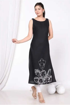Fashiontrand Women Printed Straight Kurta(Black)