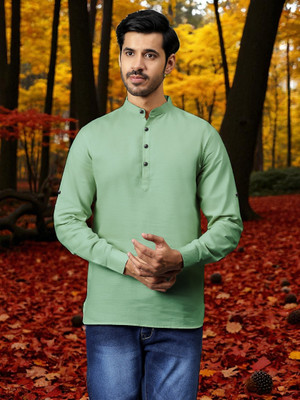 FireFish Men Solid A-line Kurta(Light Green)