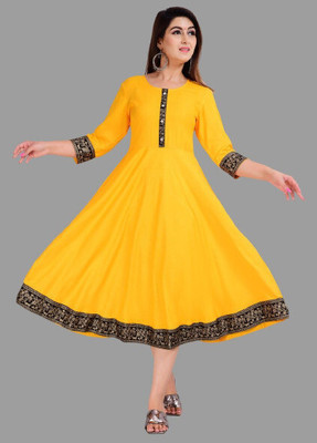GULJAR FASHION Women Printed, Solid A-line Kurta(Yellow)