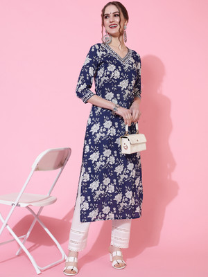 Sa Rasa Women Floral Print Straight Kurta(Dark Blue)