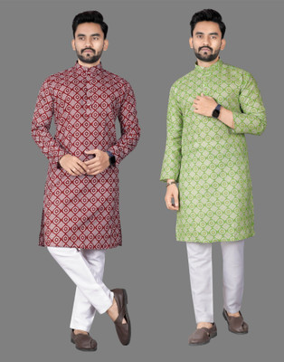 DHASU TRENDZ Men Printed Straight Kurta(Maroon, Light Green)